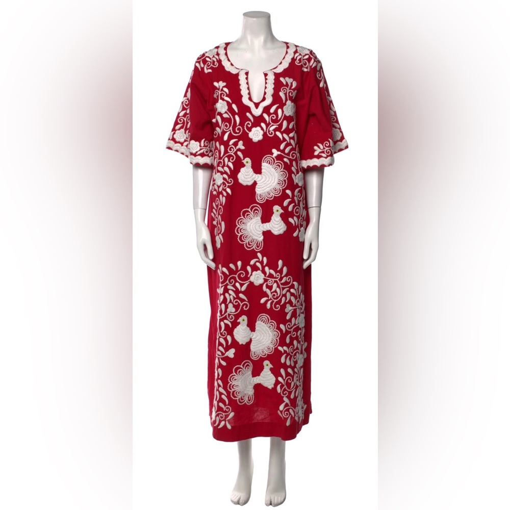 France's Valentine Red & White Embroidered Peacock Caftan Maxi Dress Womens Sz 2